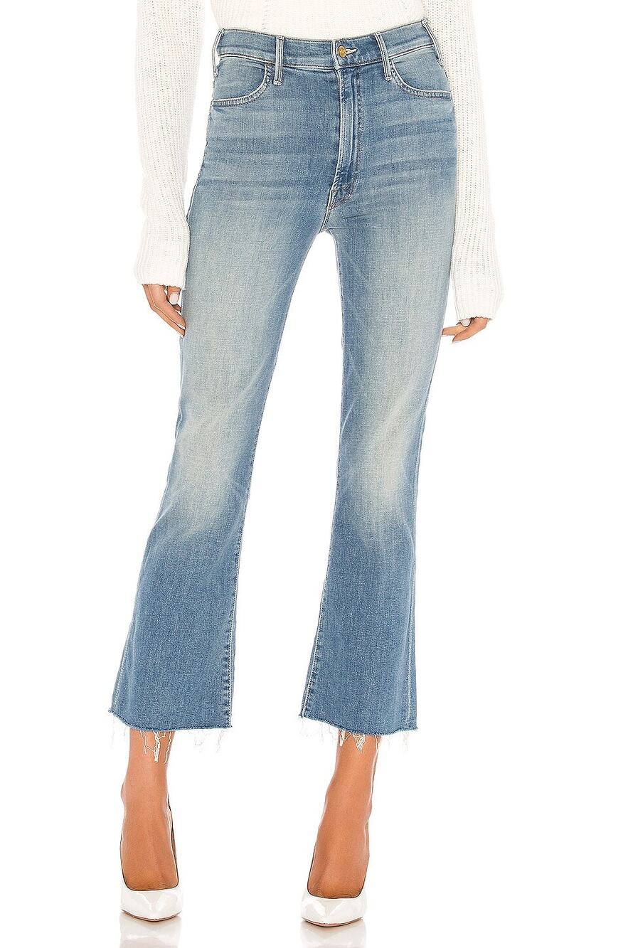Mother The Hustler Ankle Fray Jeans in Shaken Not Stirred High Rise Flare Denim